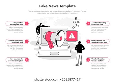 Simple infographic template for fake news. 6 stages template with a laptop computer and a megaphone with manipulated information.