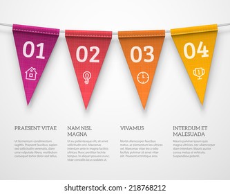 Simple infographic template with a garland of triangle flags with numbers and copyspaces under them. EPS10 vector background.