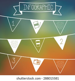 Simple infographic template with a garland of triangle flags with numbers and icons on colorful background.