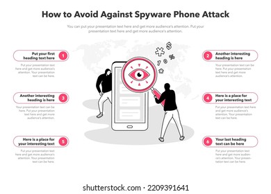 Simple Infographic Template For How To Avoid Against Spyware Phone Attack. 6 Stages Template With A Spy Magnifier And A Smartphone As A Main Symbol.