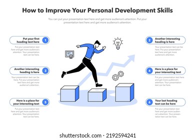 Simple infographic template for how to improve your personal development skills. Template with a person developing his capabilities and potential as a main symbol.