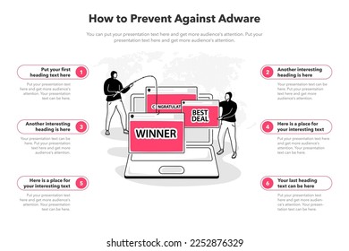 Simple infographic template for how to prevent against adware. 6 stages template with a laptop and and popup advertising windows as a main symbol.