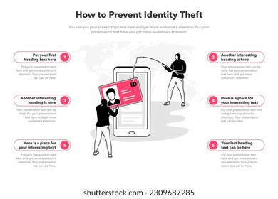 Simple infographic template for how to prevent identity theft. 6 stages template with two hackers stealing someone personal information from his smartphone.