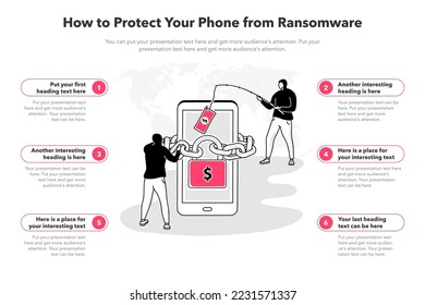 Simple infographic template for how to protect your phone from ransomware. 6 stages template with a smartphone and two hackers as a main symbol.