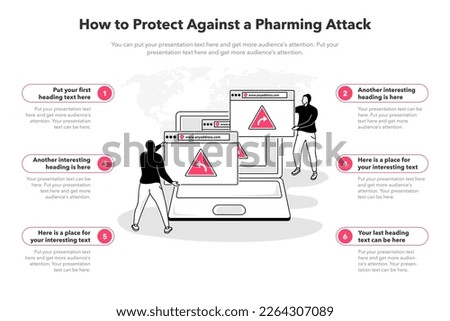 Simple infographic template for how to protect against a pharming attack. 6 stages template with a laptop and two hackers with several browser windows.