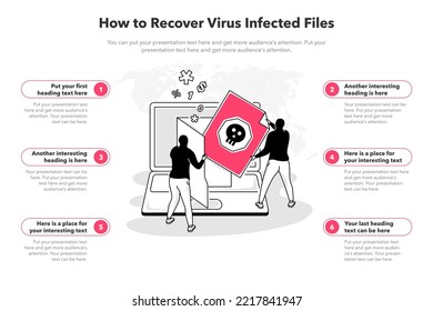 Plantilla infográfica simple para recuperar archivos infectados por virus. plantilla de 6 etapas con un archivo infectado y dos hackers como símbolo principal.