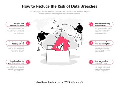 Plantilla de infografía simple para reducir el riesgo de incumplimientos de datos. Plantilla de 6 etapas con dos hackers robando datos confidenciales de un sistema seguro.