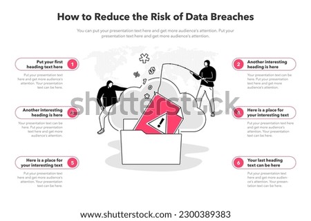 Simple infographic template for how to reduce the risk of data breaches. 6 stages template with two hackers stealing confidential data from a secured system.