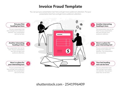 Simple infographic template for invoice fraud. 6 stages template with a laptop computer, two hackers and a manipulated fake invoice.