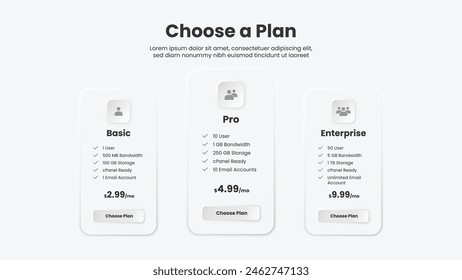 Simple infographic template in neumorphic style. Choose a plan ui design for business. Package option for web page.