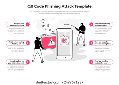 Plantilla de infografía simple para el ataque de phishing de código qr. 6 etapas de Plantilla con un teléfono inteligente que escanea un código QR falso y dos hackers.