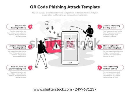 Simple infographic template for qr code phishing attack. 6 stages template with a smartphone scanning a fake qr code and two hackers.