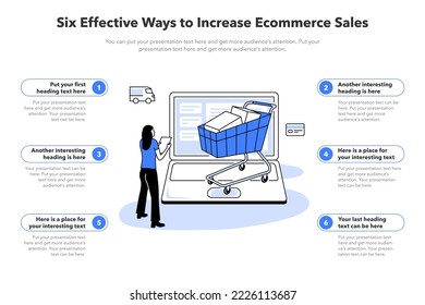 Simple infographic template for six effective ways to increase ecommerce sales. Template with computer and shopping cart as a main symbol.