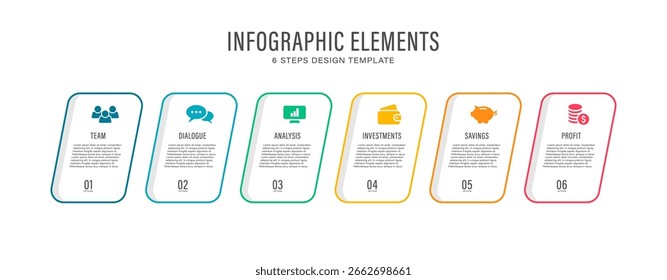 Plantilla de infografía simple con seis pasos u opciones. Diseño de infografía de negocios y marketing de Vector