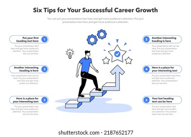 Simple infographic template for six tips for your successful career growth. Template with a person walking up the stairs as a main symbol.