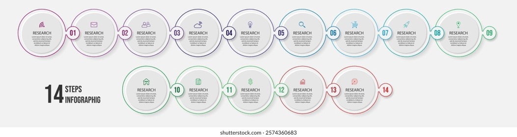 simple infographic vector with 14 interconnected parts, there are icons, numbers and colors that are good for your business