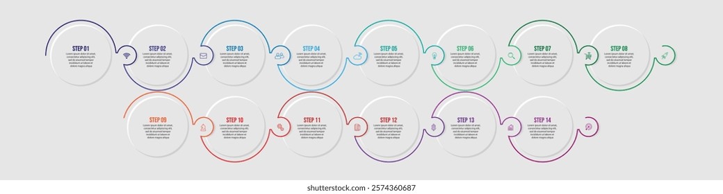 simple infographic vector with 14 interconnected parts, there are icons, numbers and colors that are good for your business