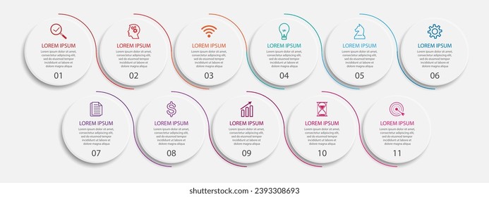 simple infographic vector design 11 steps or parts, circles with thin and thick lines, icons, text, numbers, for flow diagrams, presentations and your business