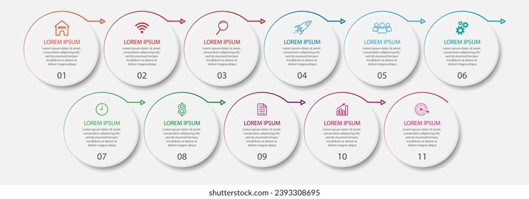 simple infographic vector design 11 steps or parts, circles with thin and thick lines, icons, text, numbers, for flow diagrams, presentations and your business