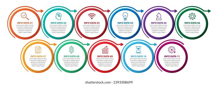 simple infographic vector design 11 steps or parts, circles with thin and thick lines, icons, text, numbers, for flow diagrams, presentations and your business