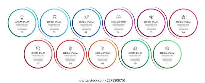 simple infographic vector design 11 steps or parts, circles with thin and thick lines, icons, text, numbers, for flow diagrams, presentations and your business