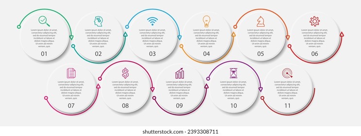 simple infographic vector design 11 steps or parts, circles with thin and thick lines, icons, text, numbers, for flow diagrams, presentations and your business