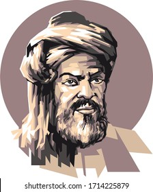 Simple inimal color illustration of Al-Khwarizmi - Persian mathematician, one of the largest Central Asian scientists of the 9th century, round background, isolated style