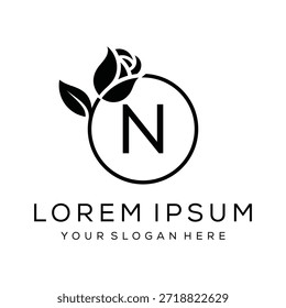 Icono gráfico de diseño de logotipo de círculo de hojas de flor de rosa N letra inicial simple