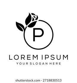 Simple Initial letter P rose flower leaves circle logo design inspiration