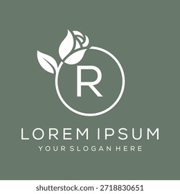 Inspiración de diseño de logotipo de círculo de hojas de flor de rosa R letra inicial simple