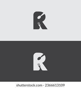 Simple Initial Letter R with Spoon and fork Vector Logo, Black and White Background. Suitable for Food Restaurant Logo Design Inspiration