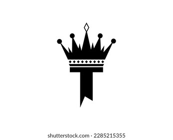 Simple Initial Letter T with Crown Logo. Letter and Crown vector isolated on white Background. Usable for Business, Travel, fashion, and Technology Logos. Flat Vector Logo Design Template Element.