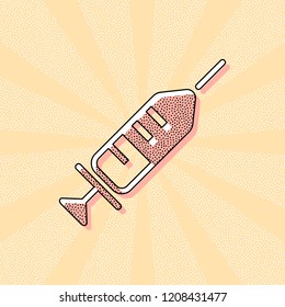 Simple injector icon. Vintage retro typography with offset printing effect. Dots poster with comics pop art background