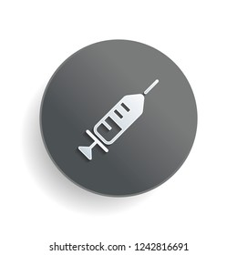 Simple injector icon. White paper symbol on gray round button or badge with shadow