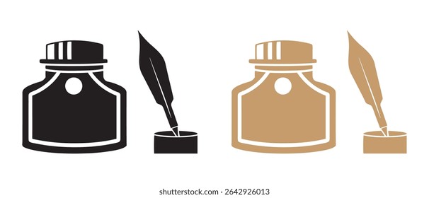Simple Ink Bottle And Pen Nib Black And White Vector Illustration.