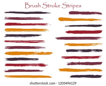 Simple ink brown brush stroke stripes vector set, horizontal marker or paintbrush lines patch. Hand drawn watercolor paint brushes, smudge strokes collection. Color combinations catalog elements.