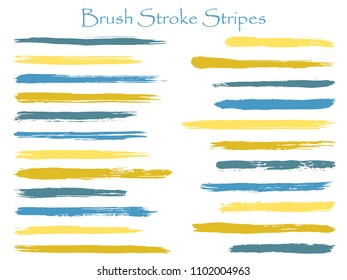 Simple ink brush stroke stripes vector set, gold blue horizontal marker or paintbrush lines patch. Hand drawn watercolor paint brushes, smudge strokes collection. Vector ink color palette swatches.