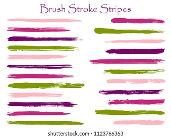 Simple ink brush stroke stripes vector set, magenta green marker or paintbrush lines patch. Hand drawn watercolor paint brushes, smudge strokes collection. Color combinations catalog elements.
