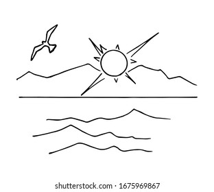 Simple ink drawn vector sketch. The rays of the sun, dawn, sunset, mountains on the horizon, sea waves, a seagull in the sky. Nature, summer landscape, relaxation, coloring book.