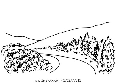 Simple ink vector drawing. Mountain silhouette on the horizon, road, trees, bushes, hills. Nature, rural landscape, walk in the park. For print, tourism, travel, leisure.