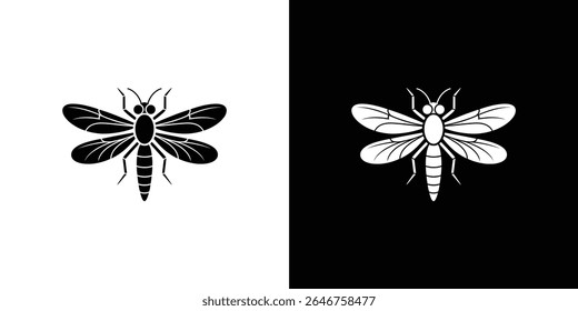 Simple insect illustration. Features a dragonfly silhouette with detailed wings, contrasting black and white halves against a solid background.