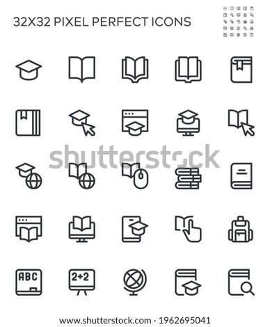Simple Interface Icons Related to Education and Learning. Online Education, Training at School, Distance Learning, Ebook. Editable Stroke. 32x32 Pixel Perfect.