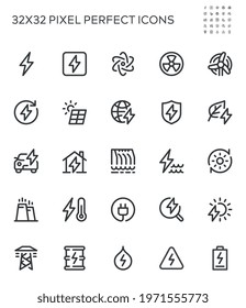 Simple Interface Icons Related to Energy. Hydroelectric Power, Solar Panels, Fossil Fuels, Renewable Energy. Editable Stroke. 32x32 Pixel Perfect.