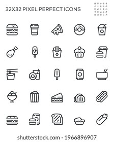 Simple Interface Icons Related to Fast Food. Hamburger, Pizza, Fried Chicken, Instant Noodles. Editable Stroke. 32x32 Pixel Perfect.