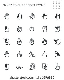 Simple Interface Icons Related to Hands. Hand Gestures, Signals, Thumb Up, Victory. Editable Stroke. 32x32 Pixel Perfect.