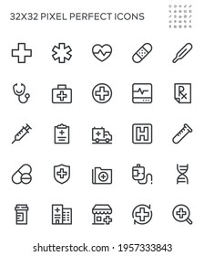 Simple Interface Icons Related to medicine. Medical Assistance, Hospital, Medical Drugs, Ambulance. Editable Stroke. 32x32 Pixel Perfect.