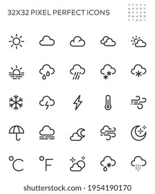 Iconos de interfaz simples relacionados con el tiempo. viento, nieve, sol, lluvia. Stroke editable. 32x32 Pixel Perfecto.