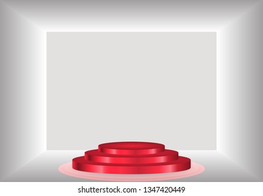 Simple interior 3d illustration vector with red podium , mockup for your brand grey gradient, fyler, poster, walls frame background  , light 