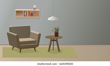 simple interior with armchair table and flowers, empty space for text, vector illustration