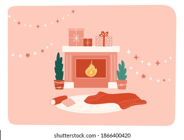 Simple Interior With Fireplace, Set Of Gift Boxes, Stars Garland. Red Blanket And Pillows On Carpet On The Floor. Christmas, New Year Card, Banner Template. Cozy Home, Warm Evening Vector Illustration